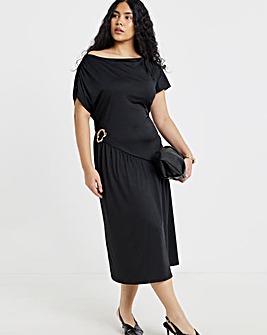 Black Drape Midi Dress With Buckle Detail