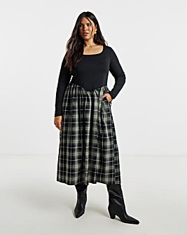 Black Jersey And Check Woven Skirt Midi Dress With Pockets