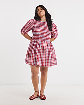 Shirred Check Smock Dress