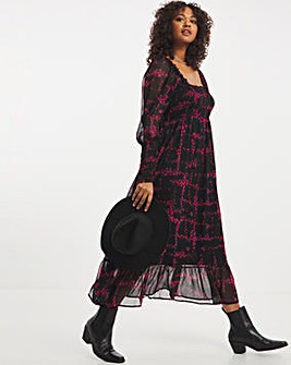 Black Floral Print Long Sleeve Shirred Chiffon Maxi Dress