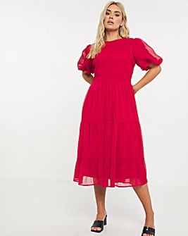 Red Shirred Chiffon Tiered Midi Dress