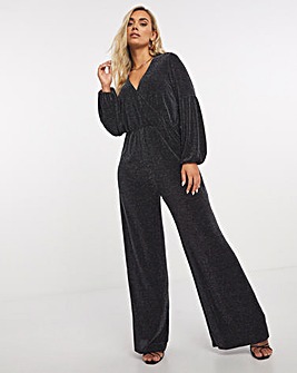 Silver Glitter Knit Exaggerated Sleeve Wrap Wide Leg Jumpsuit