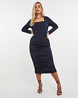 Navy Slinky Square Neck Superstretch Ruched Midi Bodycon Dress