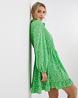 Green Print Smock Dress with Pockets