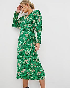Green Print Wrap Midi Dress with Shirred Cuff