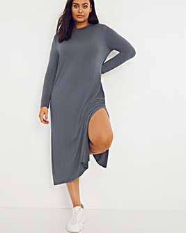 Charcoal Long Sleeve Side Split T-Shirt Midi Dress
