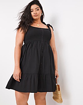 Black Poplin Shirred Dress