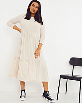 Ecru Soft Touch Ribbed Tiered Midi Dress