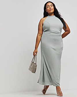 Silver Grey Ruched Side High Neck Maxi Dress