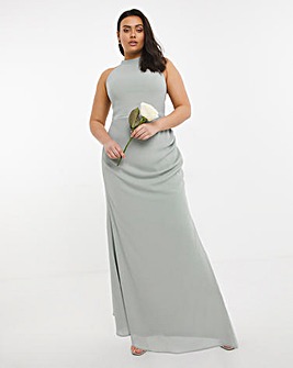 Bridesmaid Ruched Side High Neck Maxi Dress In Silver Grey