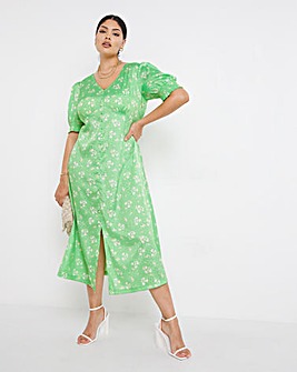 Green Printed Jacquard Back Detail Midi Dress