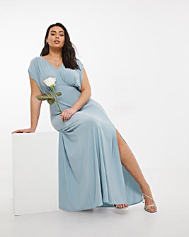 Bridesmaid Angel Sleeve Maxi Dress With Side Split In Blue