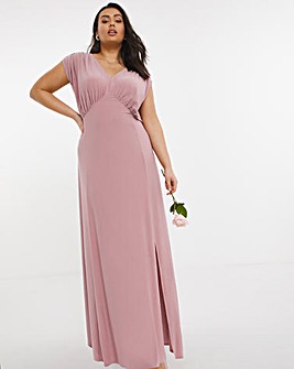 Bridesmaid Angel Sleeve Maxi Dress With Side Split In Pink