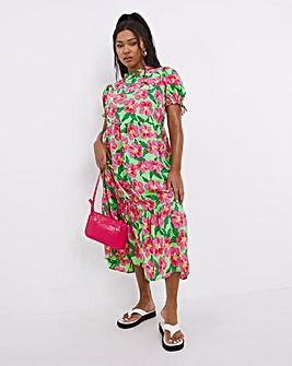 Floral Tiered Tie Sleeve Midi Dress With Frill Neck