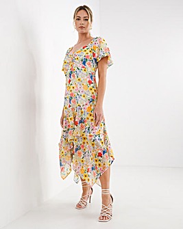 Boutique Ruched Front Hanky Hem Sunflower Print Midi Dress