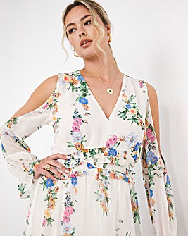 Cut Out Sleeve Floral Print Midi Dress