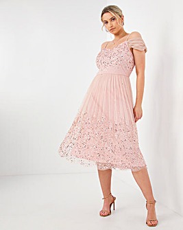 Boutique Pink Sequin Cold Shoulder Prom Dress