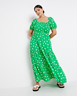 Green Spot Shirred Tiered Maxi Dress