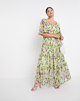 Floral Print Shirred Maxi Dress