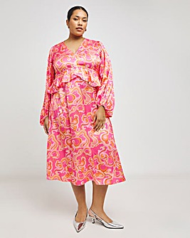 Retro Print Satin Ruffle Midi Dress