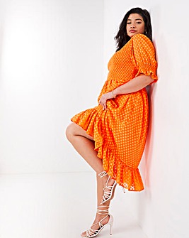 Orange Jacquard Midi Dress With Puff Sleeves