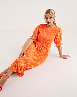 Orange Jacquard Midi Dress With Puff Sleeves