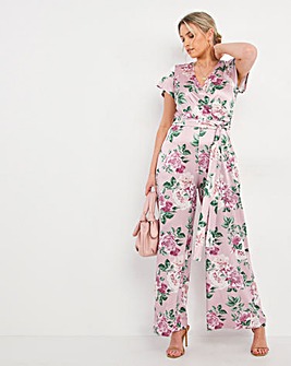 Pink Floral Stretch Satin Twill Wide Leg Tie Front Jumpsuit