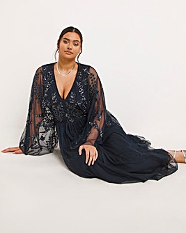 Maya Curve Cape Sleeve Floral Sequin Embroidered Tulle Maxi Dress
