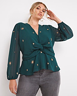 Hope & Ivy Twist Front Embroidered Blouse
