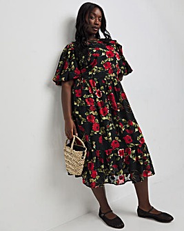 Lovedrobe Textured Floral Pleated Sleeve Midi Dress