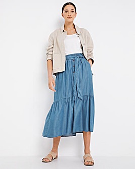 Tencel Belted Tiered Midi Skirt