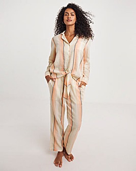 Stripe Button Through Tie Waist Cotton Cheesecloth Lounge Set