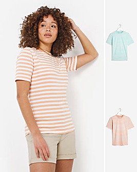 Apricot/Blue Cotton 2 Pack Stripe Crew T-Shirts