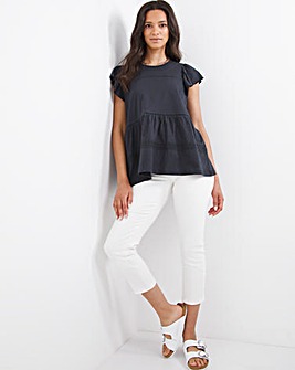 Navy Cotton Lace Insert Frill Sleeve Swing Top