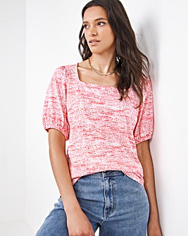 Pink Print Cotton Square Neck Puff Sleeve Top