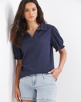 Navy V-Neck Puff Sleeve Jersey Top