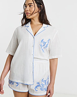 Figleaves Embroidered Cotton Pyjama Shortie Set