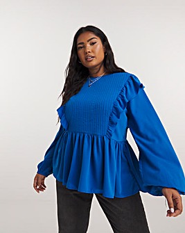 Crinkle Pintuck Front Peplum Blouse