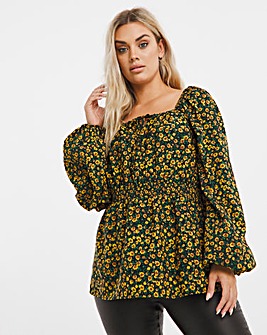 Yellow Floral Print Square Neck Long Sleeve Blouse