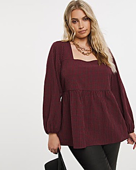 Red Textured Check Square Neck Smock Top