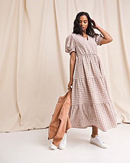 Anise Erica Peach Check Short Sleeve V-Neck Tiered Midaxi Dress