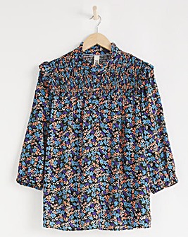 Anise Alyssa Multi Floral Three Quarter Sleeve Shirred Yoke Top