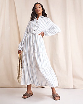 Anise Willow Blue Stripe Volume Sleeve Tiered Maxi Dress