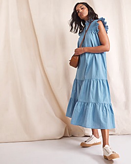 Anise Savannah Blue Shirred Yoke Linen Midi Dress