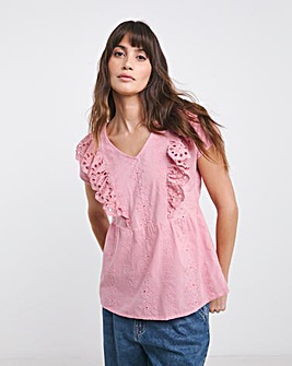 Anise Flora Raspberry Pink V-Neck Embroidered Frill Top