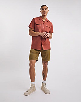 Short Sleeve Double Pocket Revere Collar Linen Blend Shirt