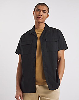 Short Sleeve Double Pocket Revere Collar Linen Blend Shirt