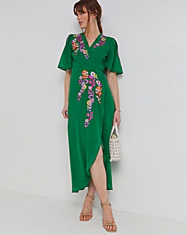 Hope & Ivy Miria Embroidered Flutter Sleeve Maxi Dress With Tie Waist