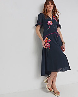 Hope & Ivy Niamh Embroidered Frill Sleeve Button Front Midi Dress