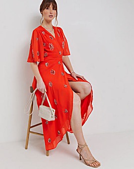 Hope & Ivy Alana Embellished Wrap Dress with Tie Waist and Flutter Sleeves